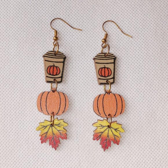 Cute Fall Earrings, Autumn Dangle Earrings, Wooden Earrings - Picture 3 of 5